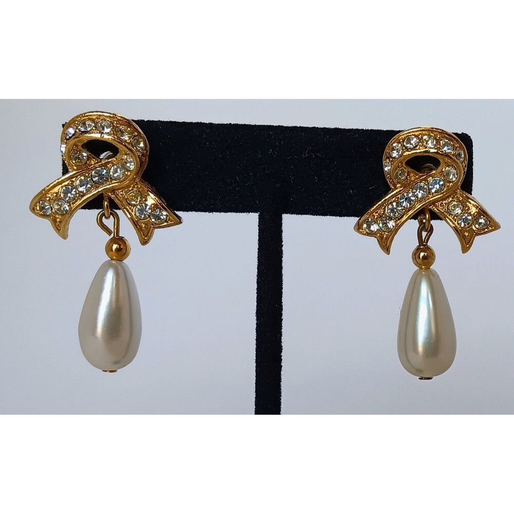 Clear Rhinestone Gold Tone Bow Faux Pearl Dangle Post Earrings Vintage 1.75 in - Picture 3 of 11